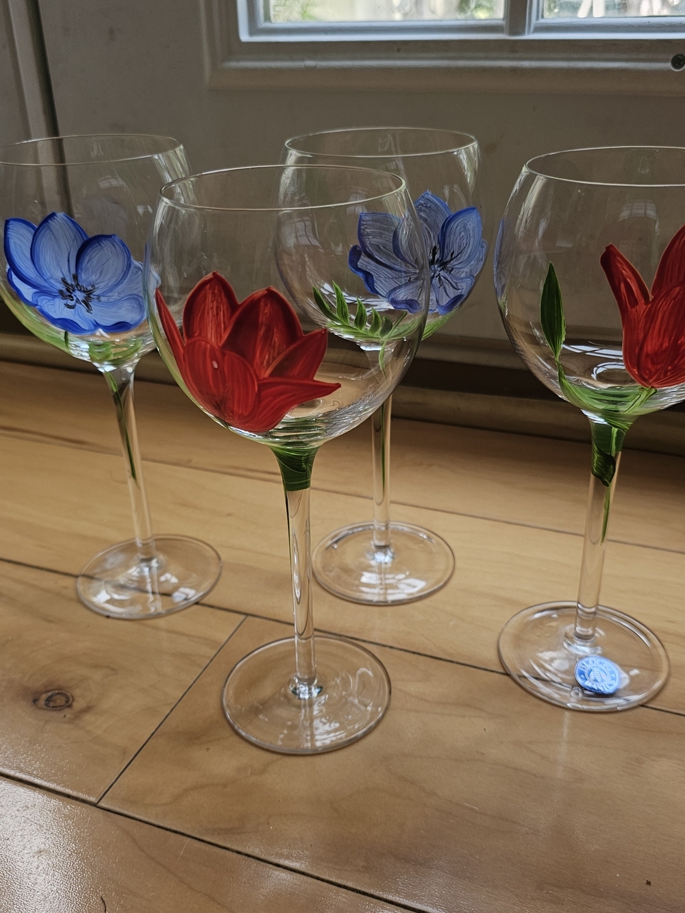 BLOCK BASICS Set Of 4 Hand-Painted Floral Wine Glasses - Red & Blue Flowers